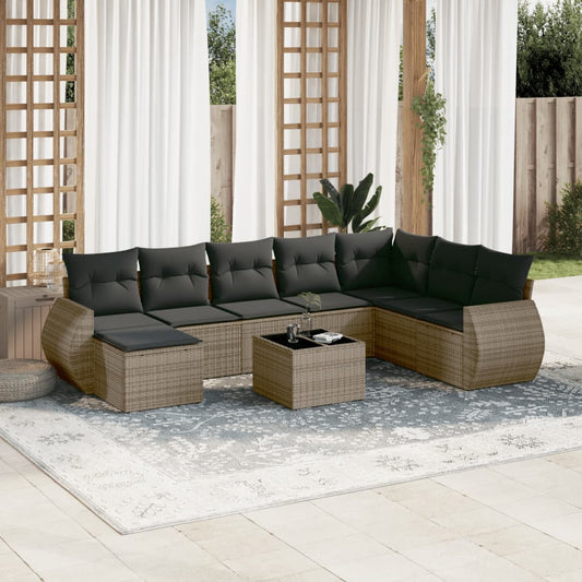 9-delige Loungeset met kussens poly rattan grijs