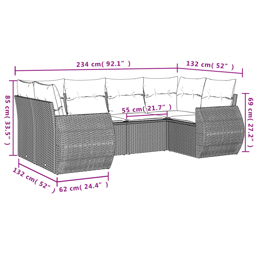 6-delige Loungeset met kussens poly rattan grijs