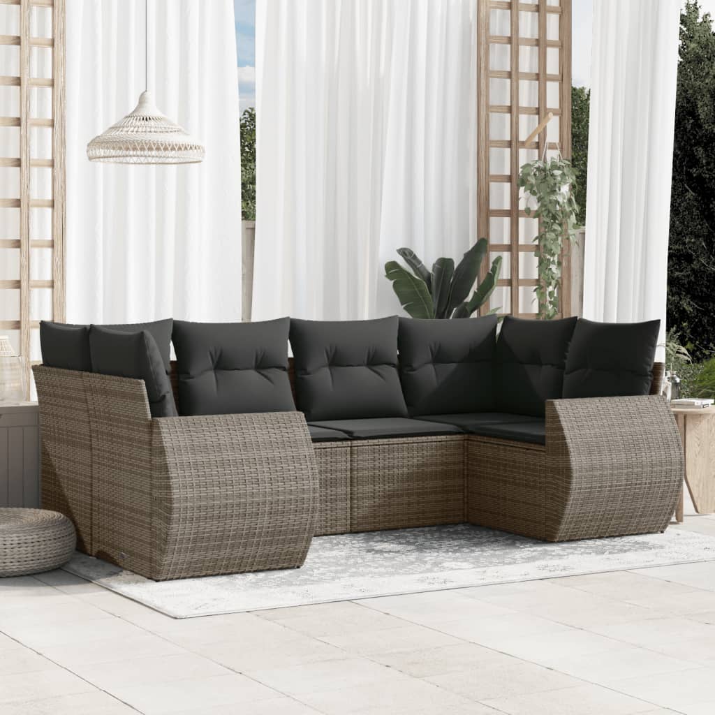 6-delige Loungeset met kussens poly rattan grijs