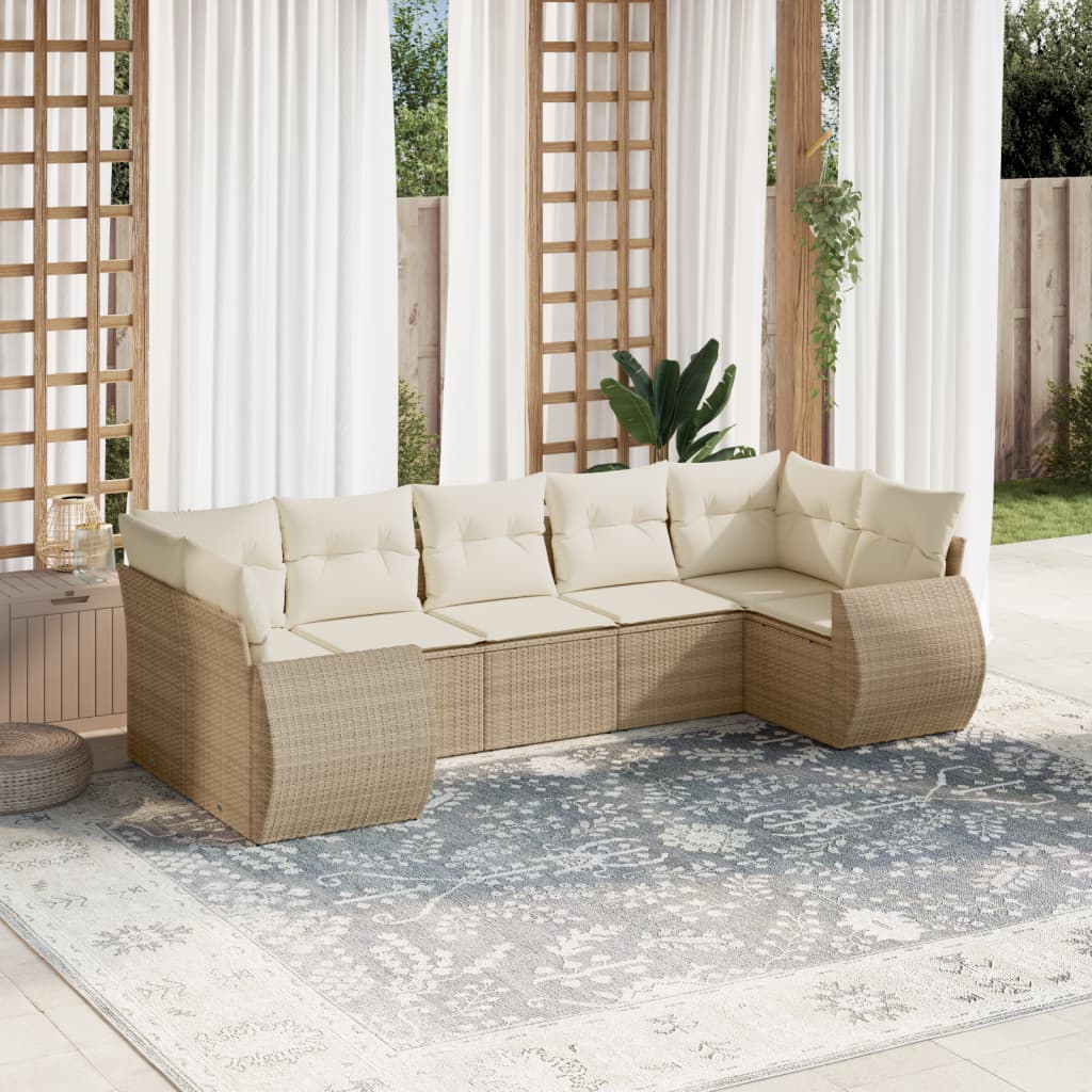 7-delige Loungeset met kussens poly rattan beige