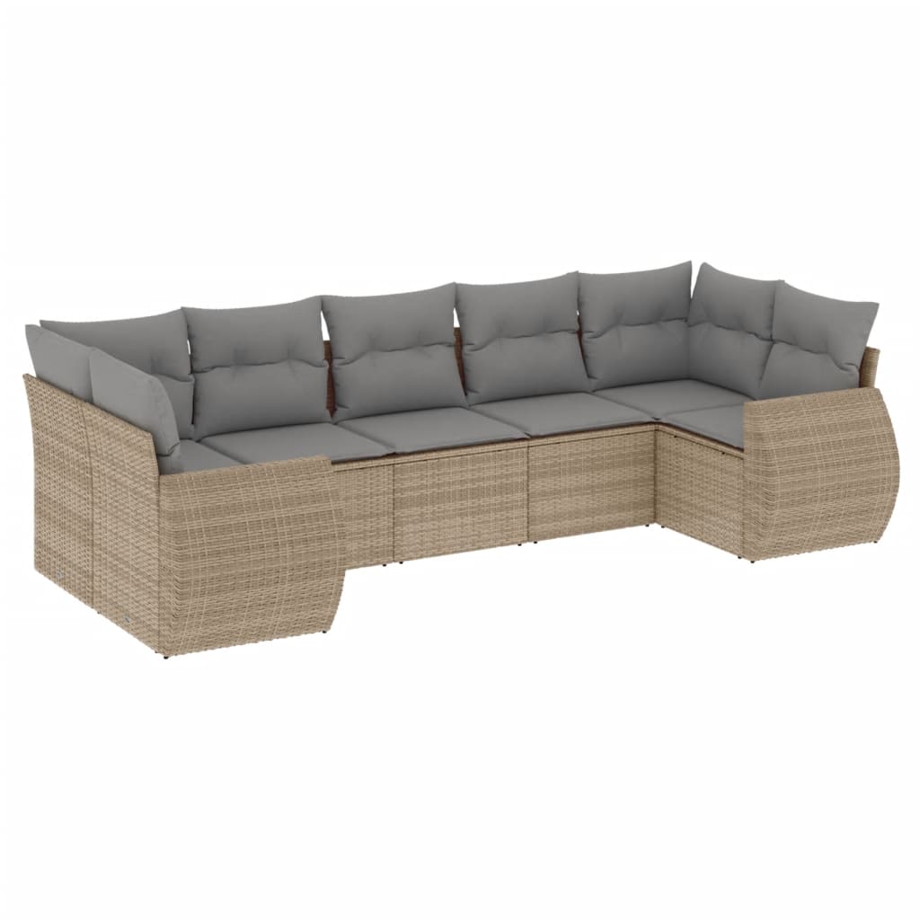 7-delige Loungeset met kussens poly rattan beige