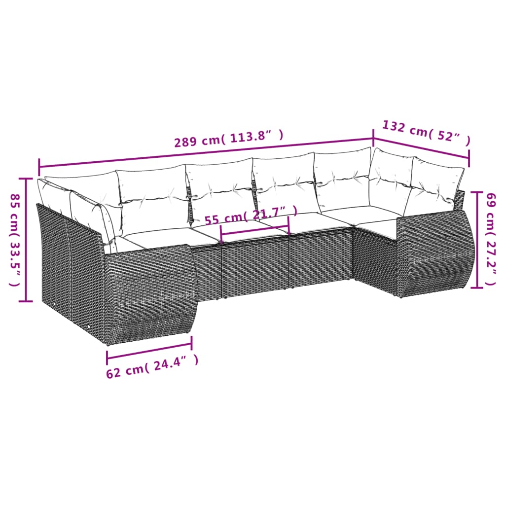 7-delige Loungeset met kussens poly rattan beige