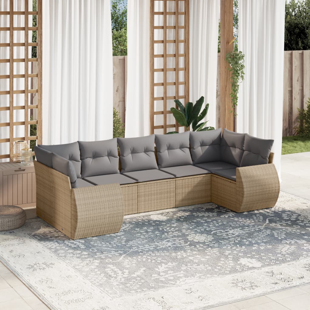 7-delige Loungeset met kussens poly rattan beige