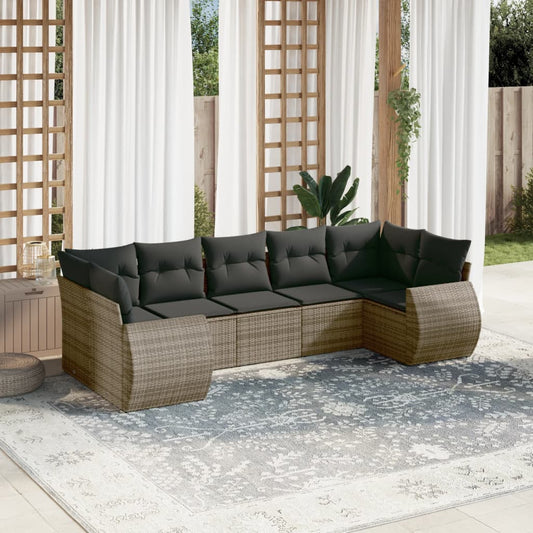 7-delige Loungeset met kussens poly rattan grijs