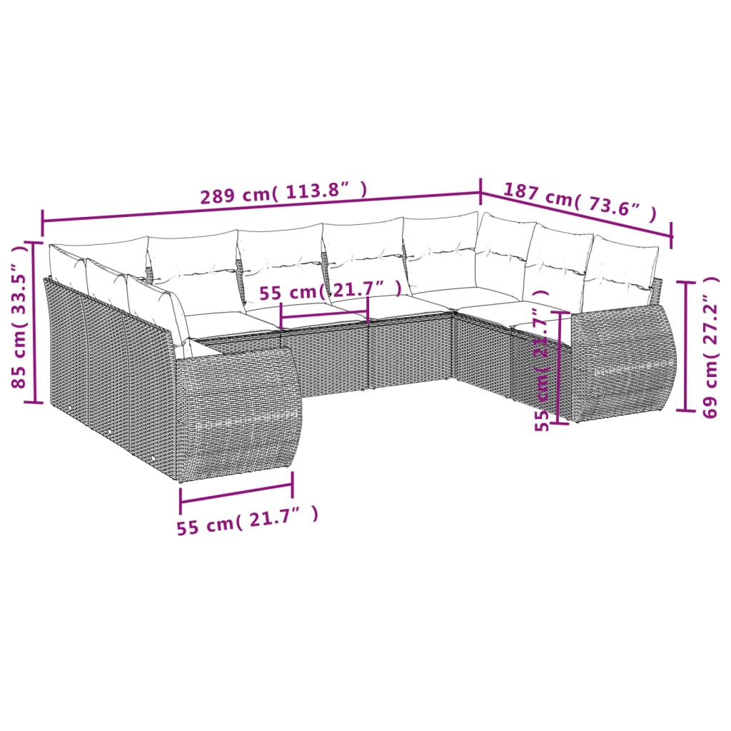 9-delige Loungeset met kussens poly rattan bruin