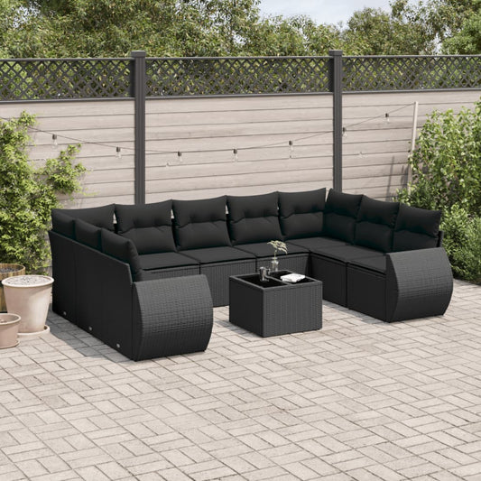 10-delige Loungeset met kussens poly rattan zwart