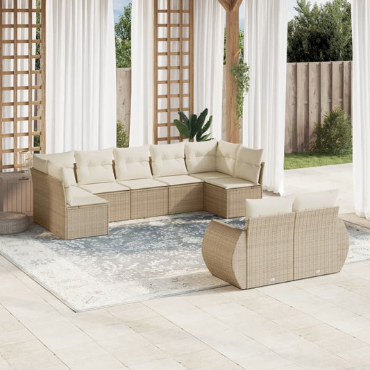 9-delige Loungeset met kussens poly rattan beige