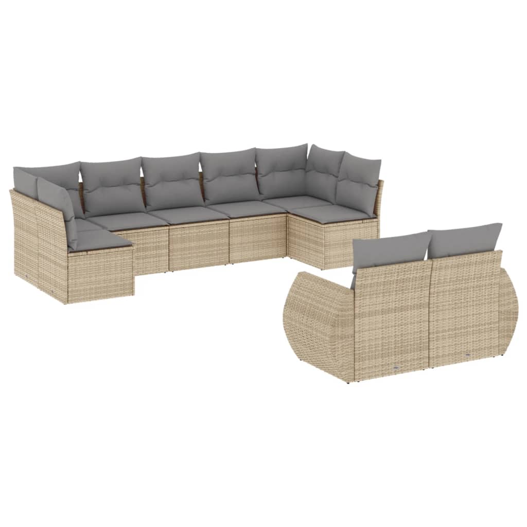 9-delige Loungeset met kussens poly rattan beige