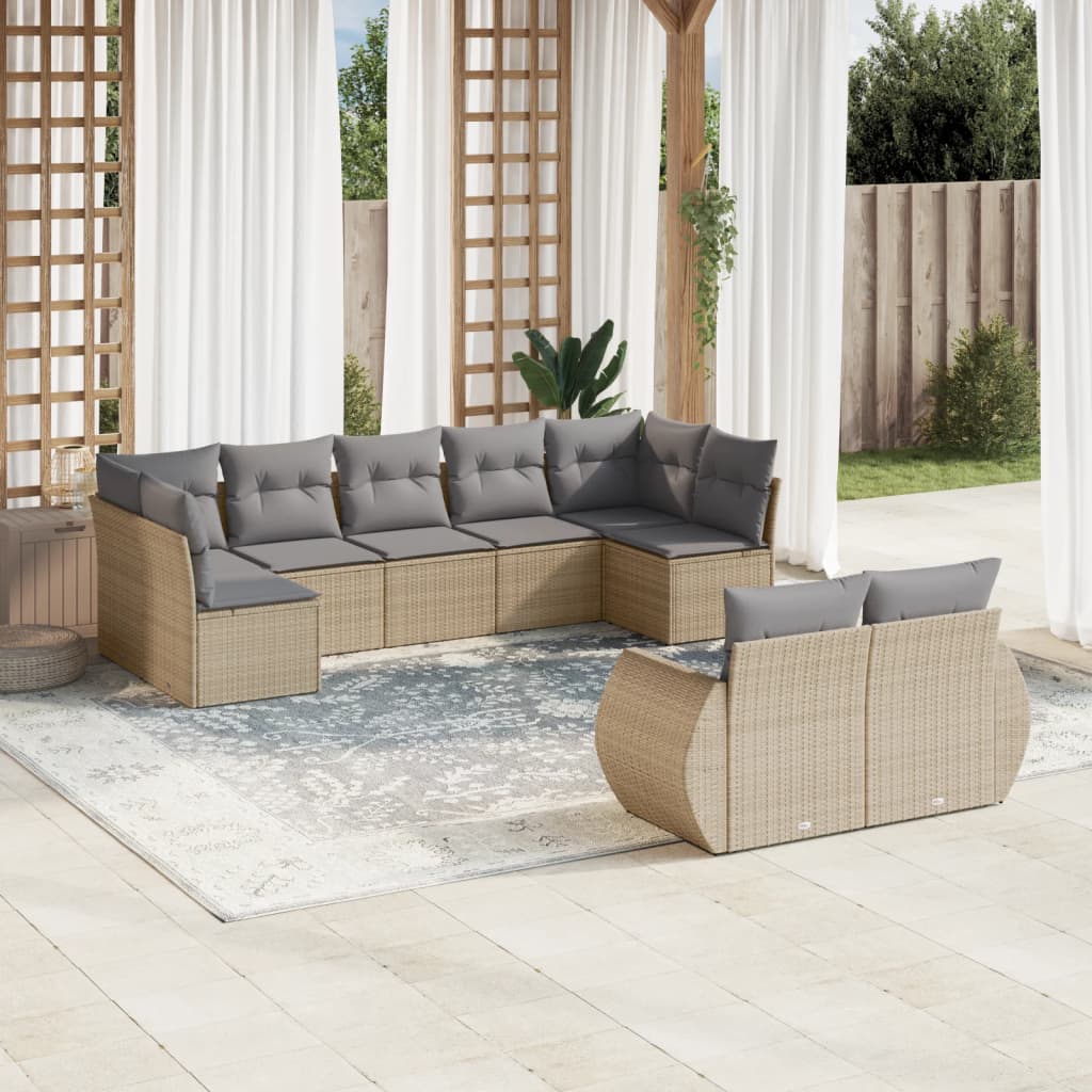 9-delige Loungeset met kussens poly rattan beige