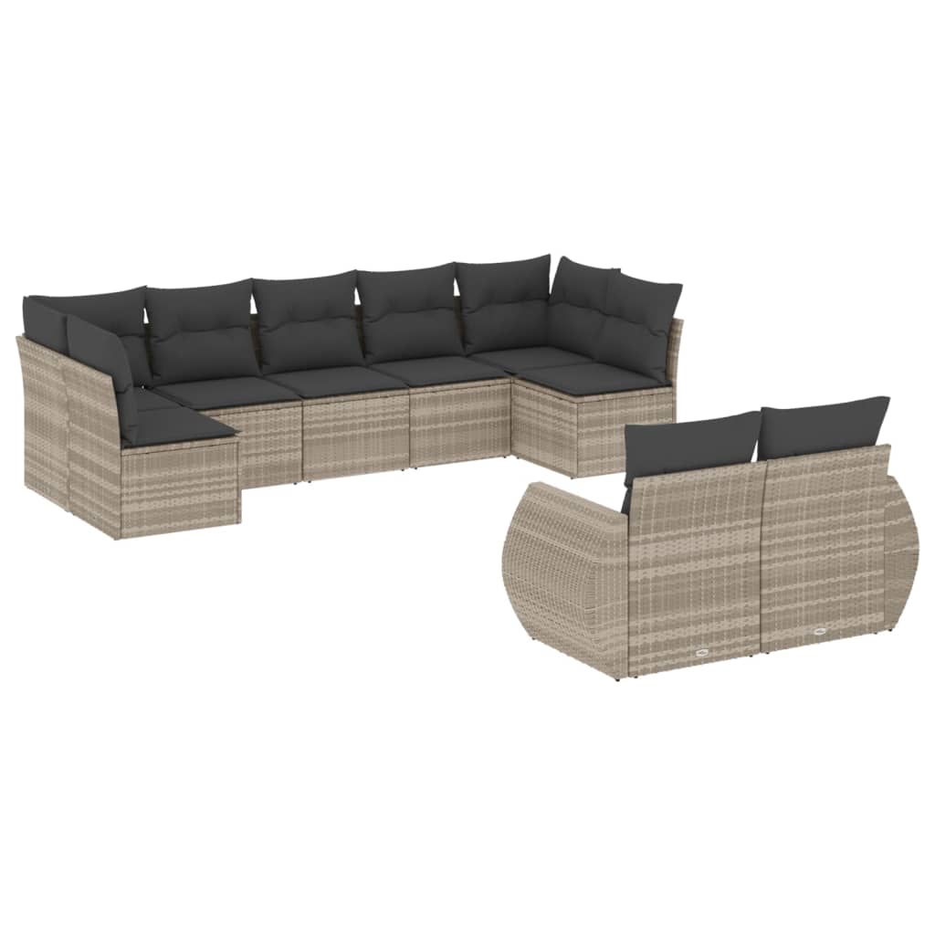 9-delige Loungeset met kussens poly rattan lichtgrijs