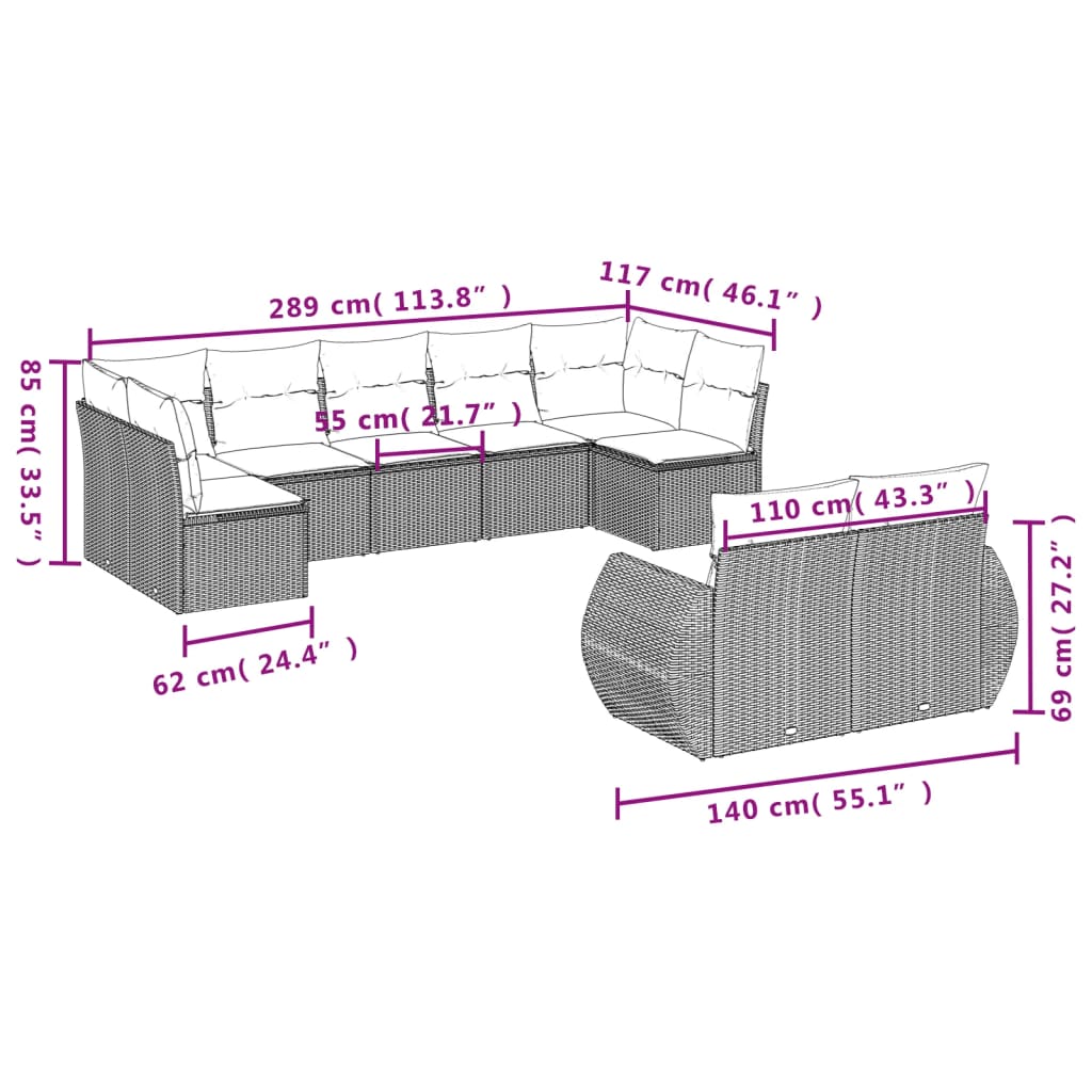 9-delige Loungeset met kussens poly rattan lichtgrijs