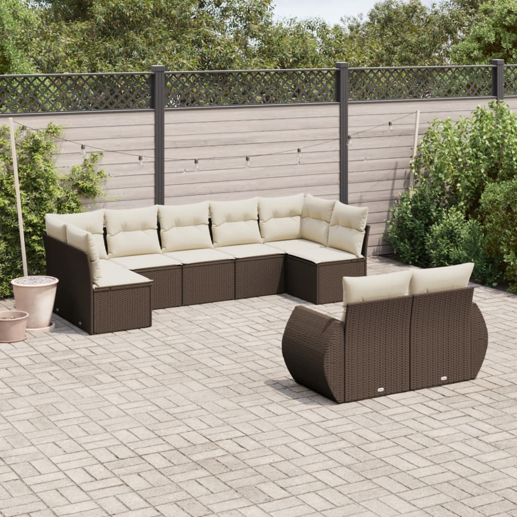 9-delige Loungeset met kussens poly rattan bruin