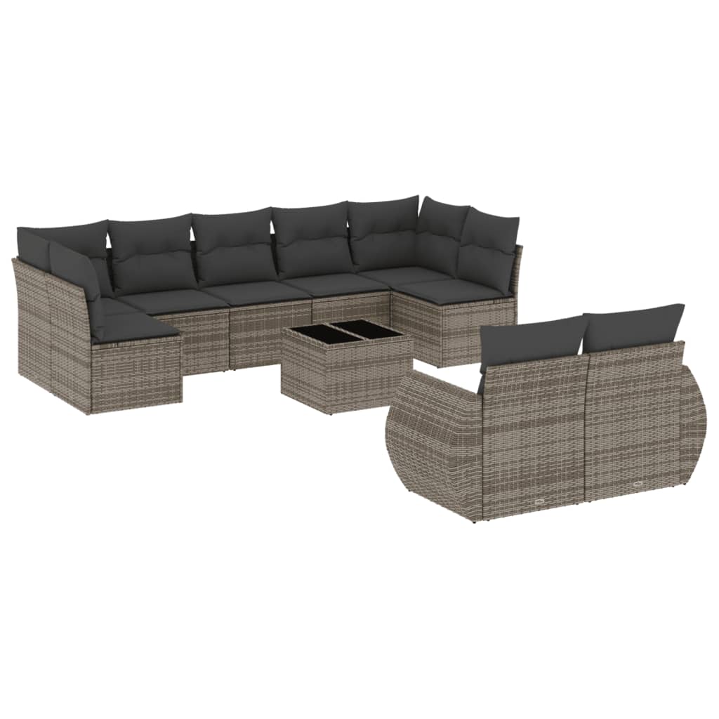 10-delige Loungeset met kussens poly rattan grijs