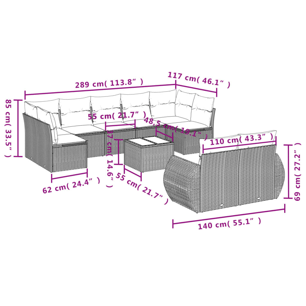 10-delige Loungeset met kussens poly rattan grijs