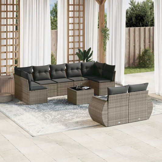 10-delige Loungeset met kussens poly rattan grijs