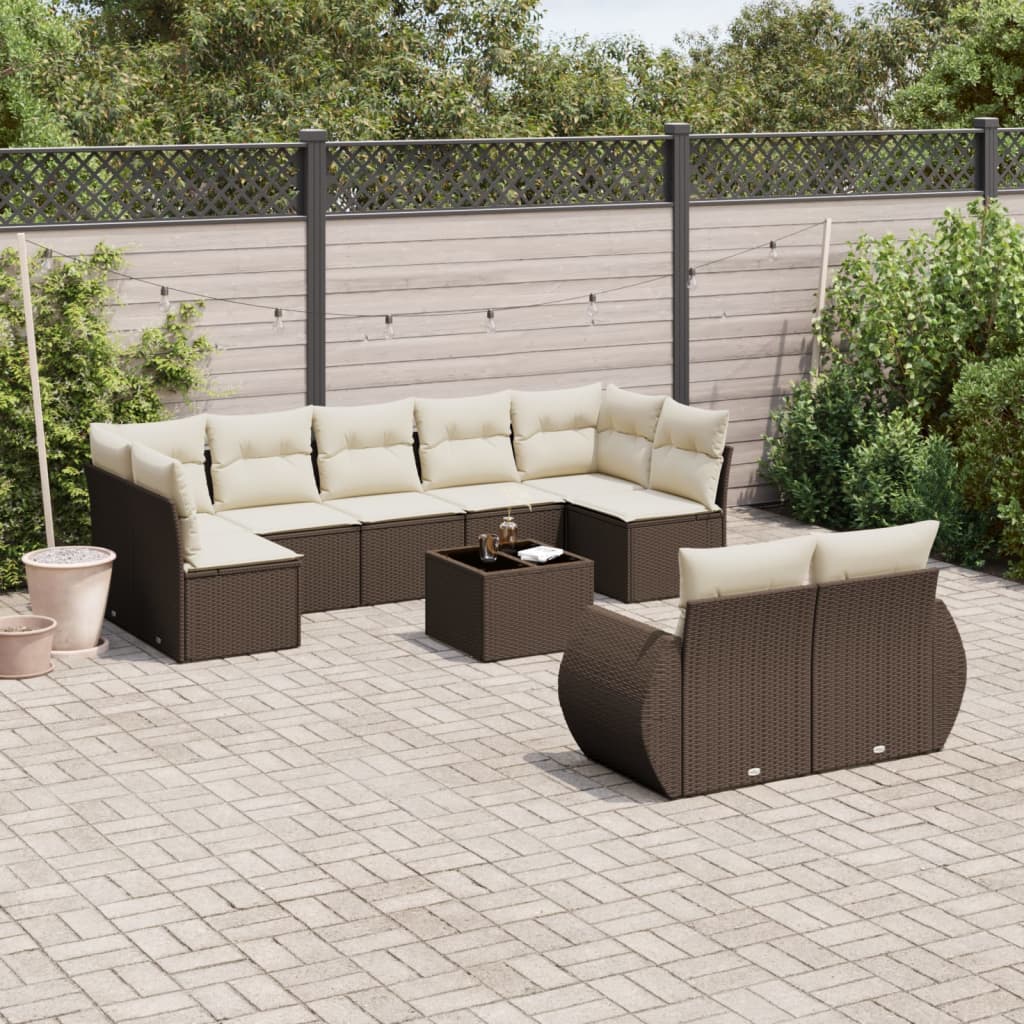 10-delige Loungeset met kussens poly rattan bruin