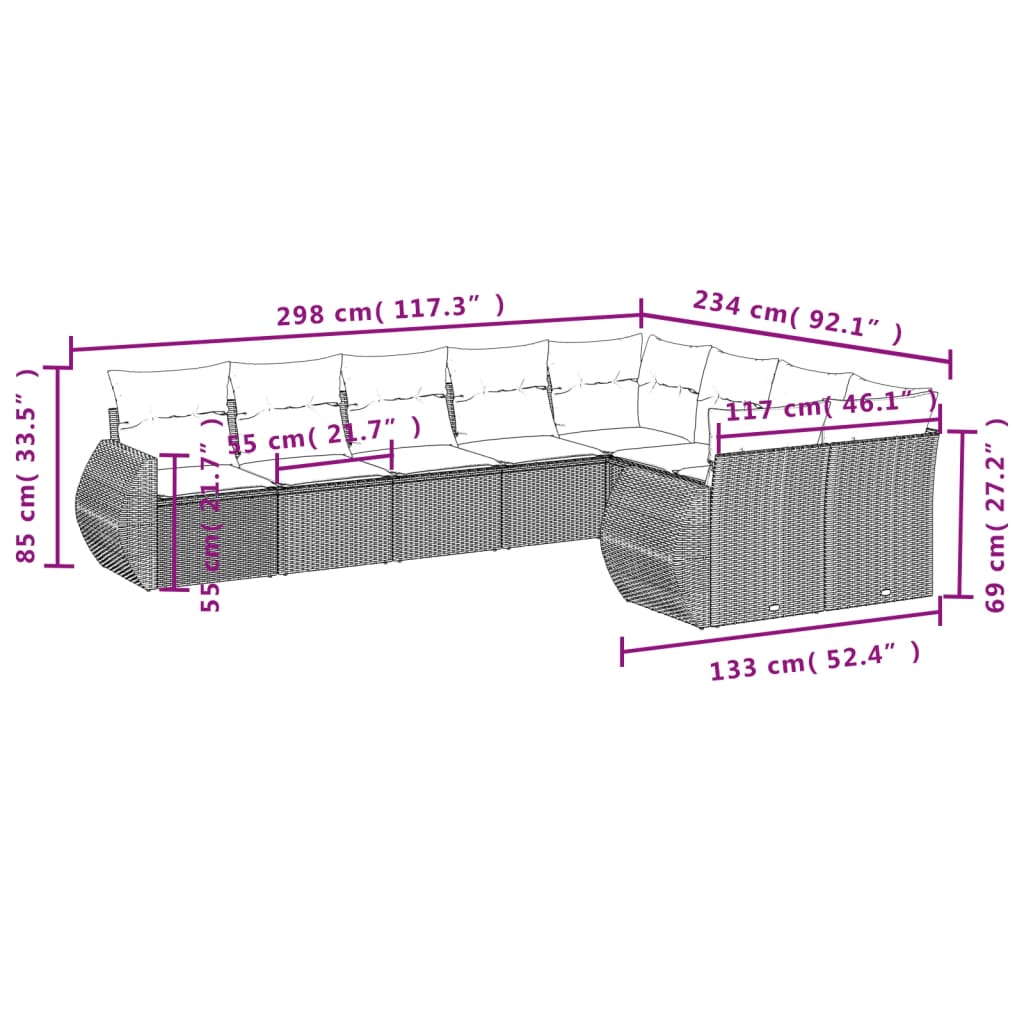 9-delige Loungeset met kussens poly rattan bruin