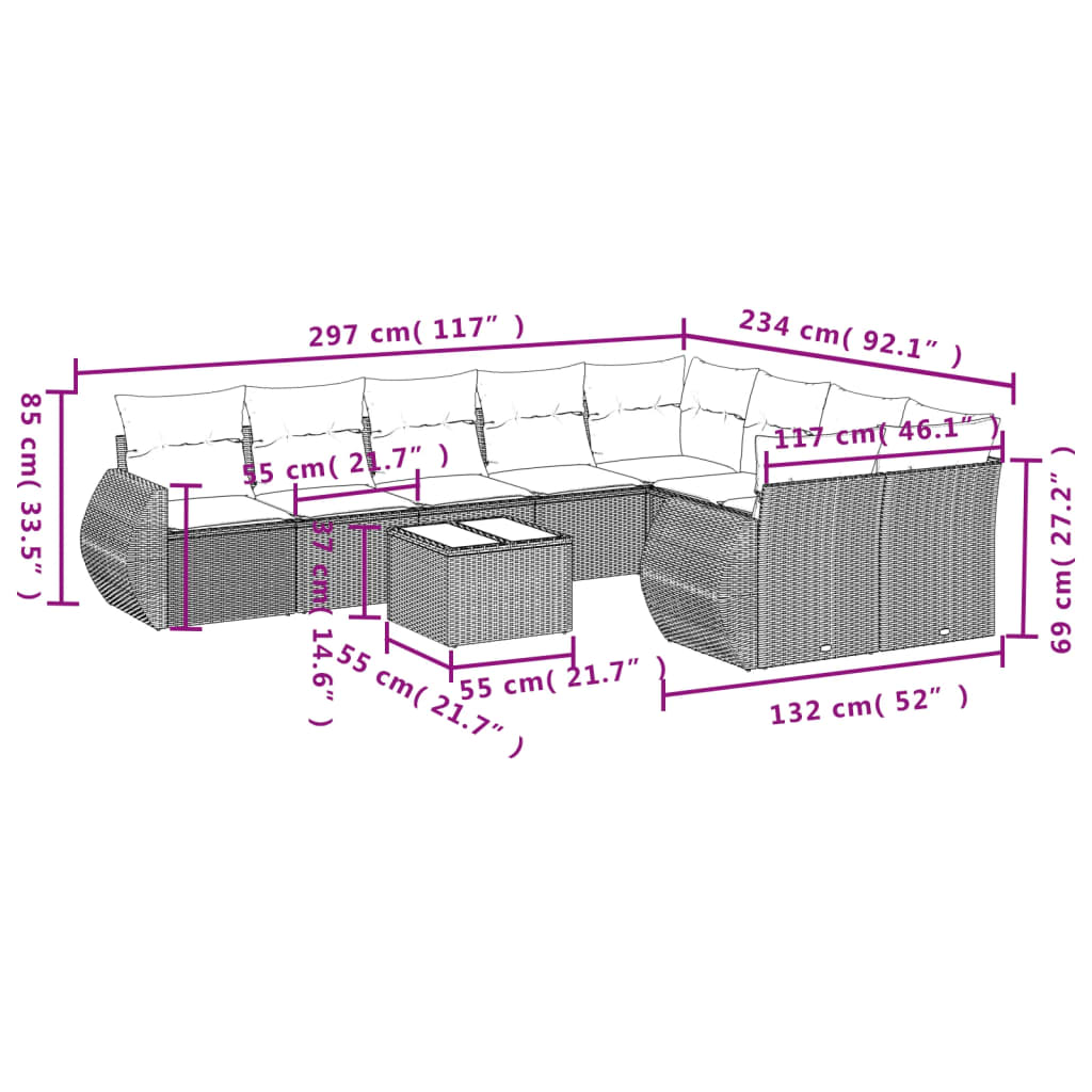 10-delige Loungeset met kussens poly rattan grijs