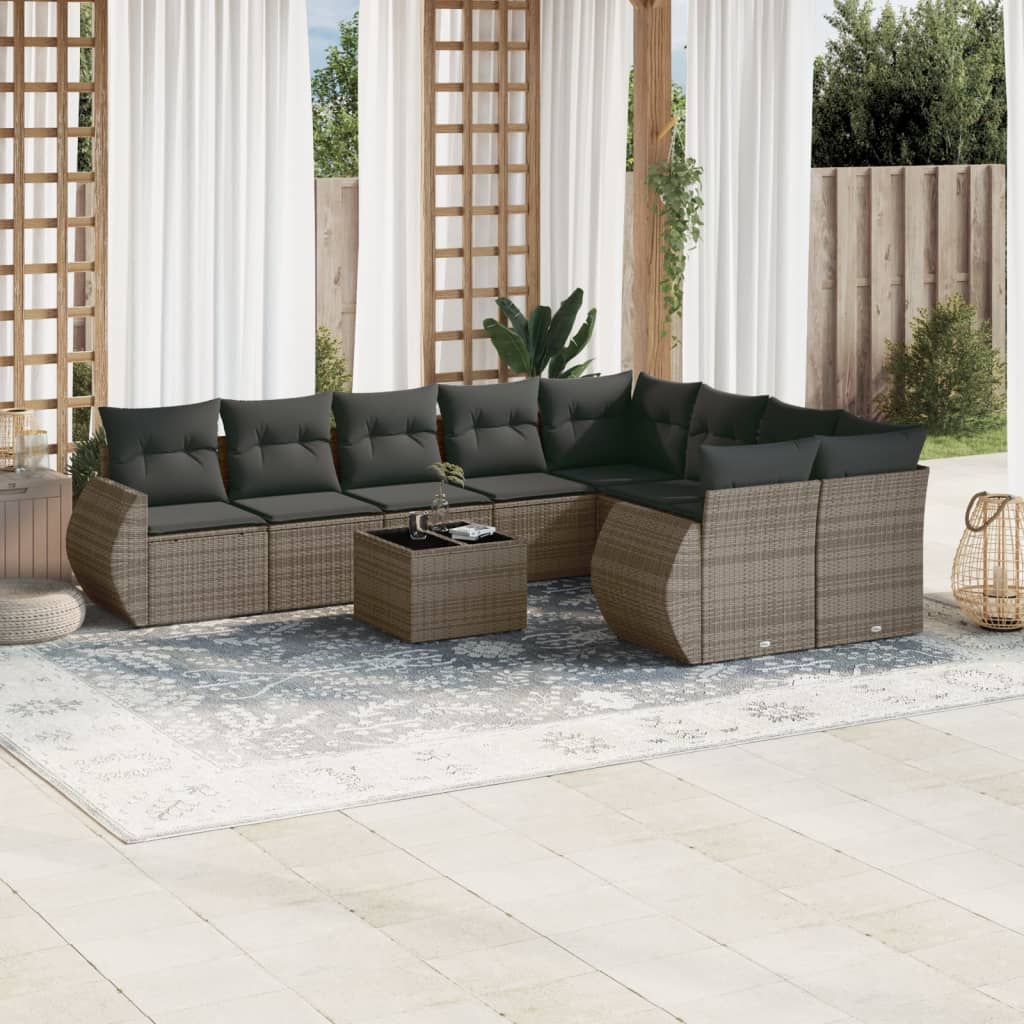 10-delige Loungeset met kussens poly rattan grijs