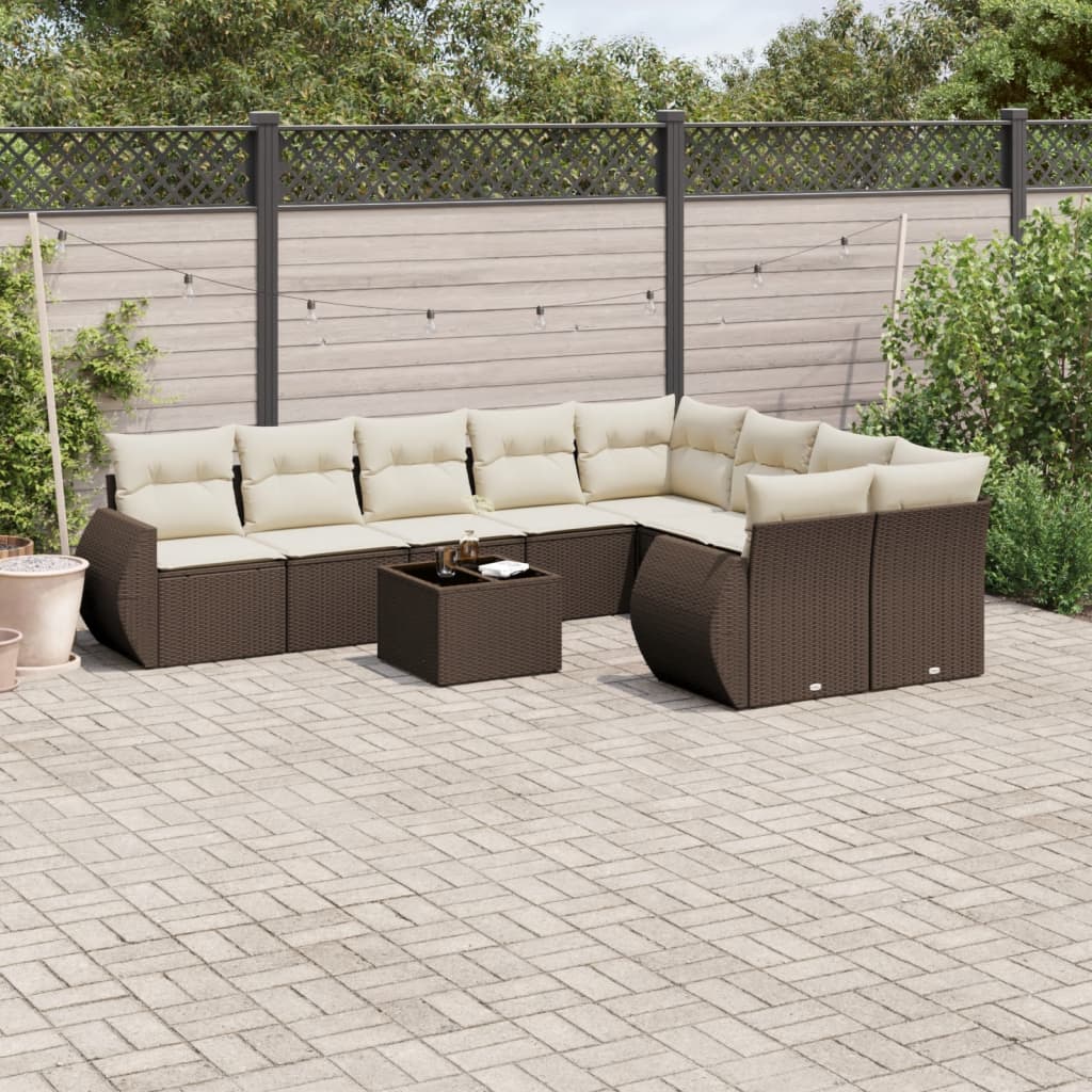 10-delige Loungeset met kussens poly rattan bruin