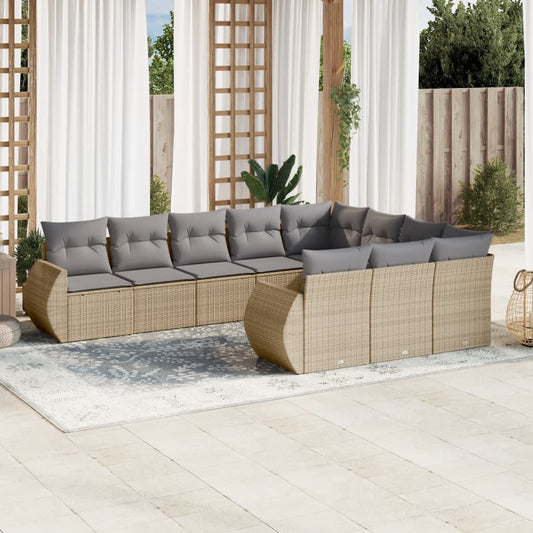 10-delige Loungeset met kussens poly rattan beige