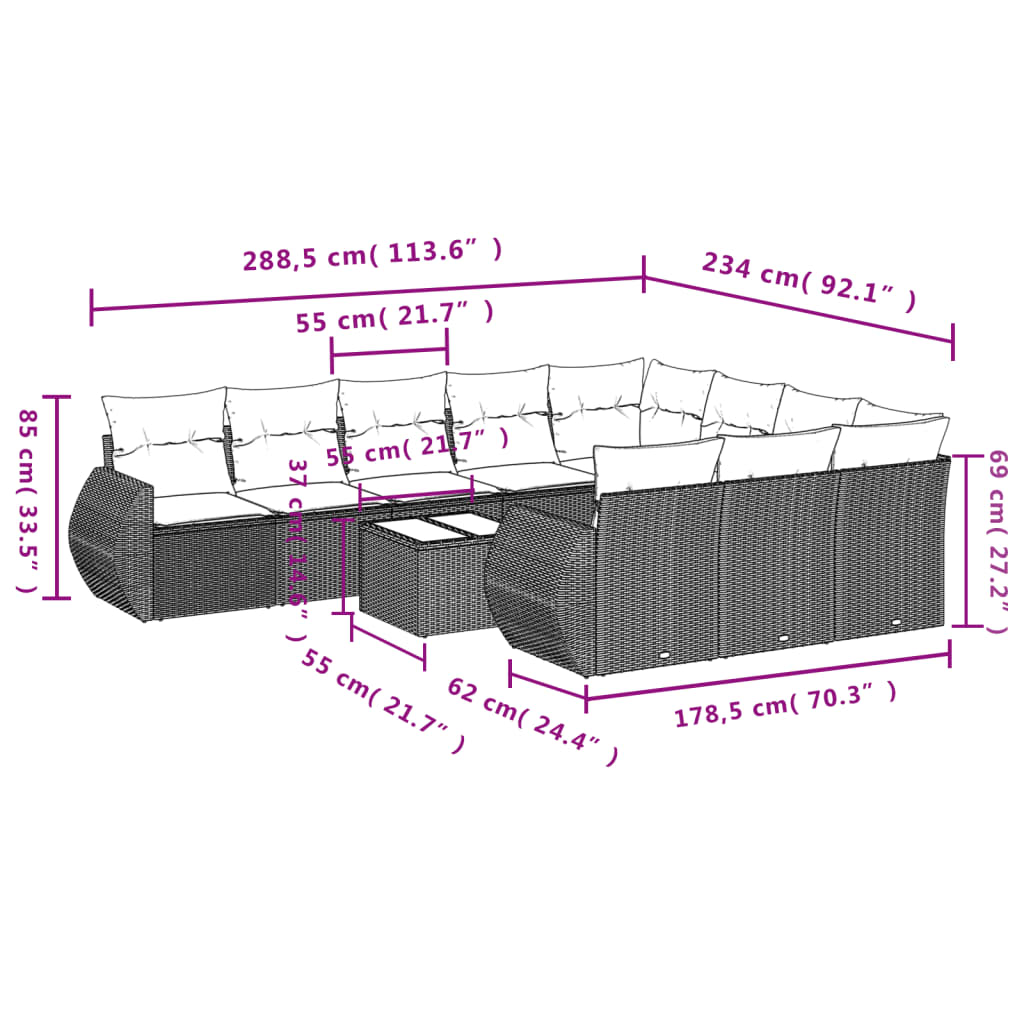 11-delige Loungeset met kussens poly rattan bruin