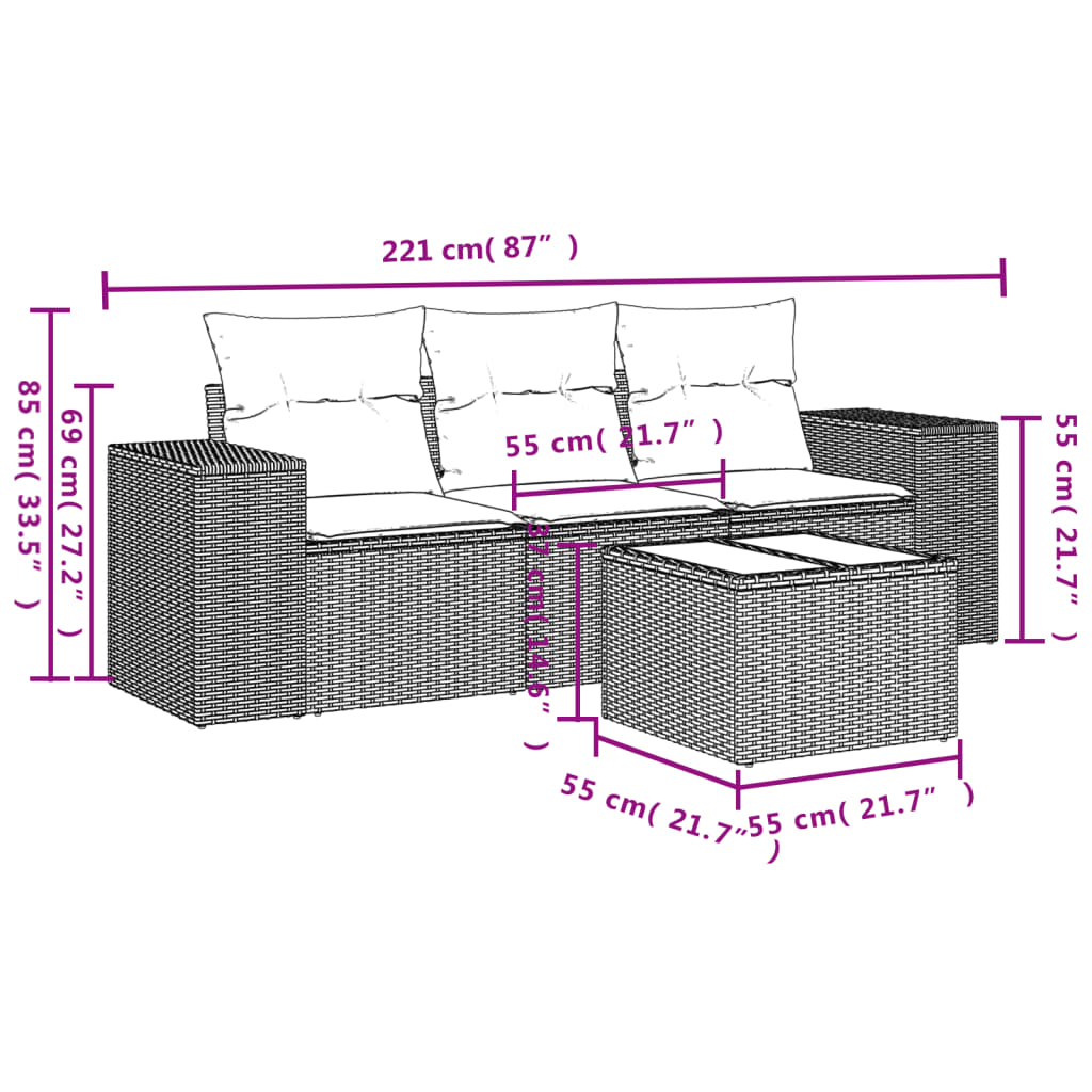 4-delige Loungeset met kussens poly rattan zwart Modulaire tuinbanken | Creëer jouw Trendy Thuis | Gratis bezorgd & Retour | Trendy.nl