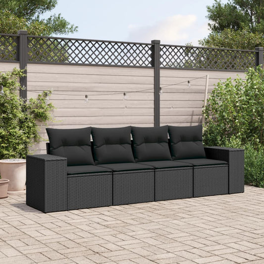 4-delige Loungeset met kussens poly rattan zwart