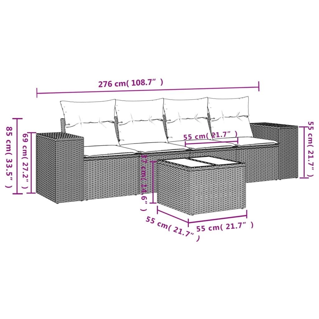 5-delige Loungeset met kussens poly rattan zwart Modulaire tuinbanken | Creëer jouw Trendy Thuis | Gratis bezorgd & Retour | Trendy.nl