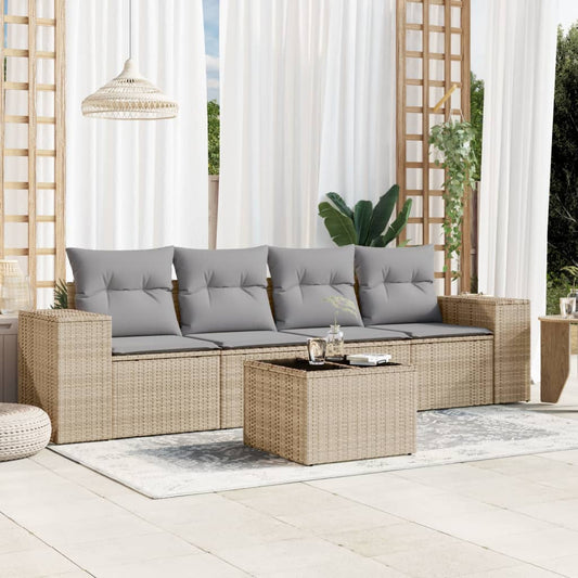 5-delige Loungeset met kussens poly rattan beige