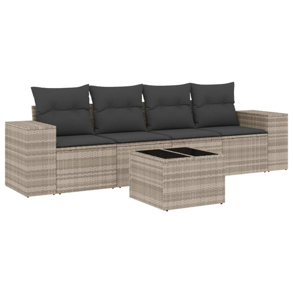 5-delige Loungeset met kussens poly rattan lichtgrijs