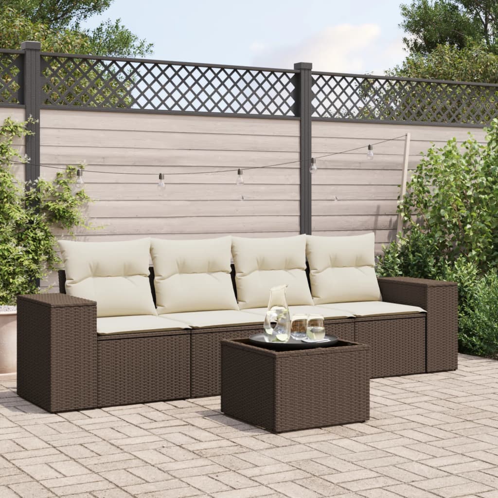 5-delige Loungeset met kussens poly rattan bruin