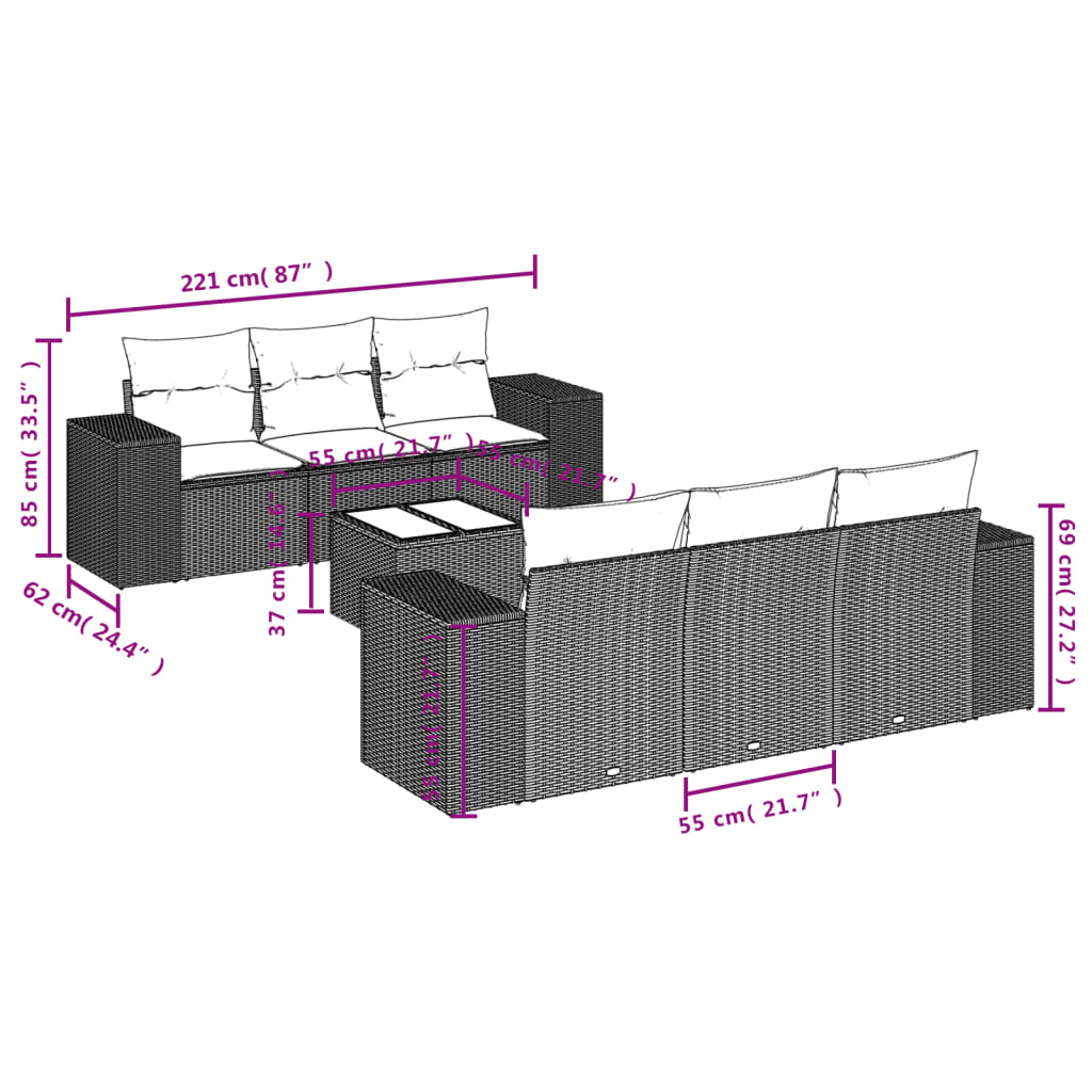 7-delige Loungeset met kussens poly rattan bruin