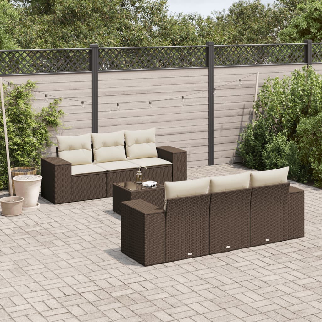 7-delige Loungeset met kussens poly rattan bruin