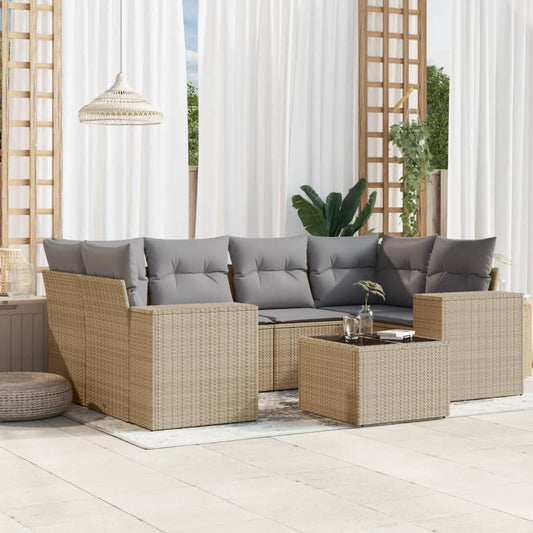 7-delige Loungeset met kussens poly rattan beige