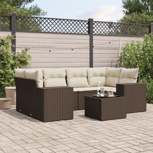 7-delige Loungeset met kussens poly rattan bruin