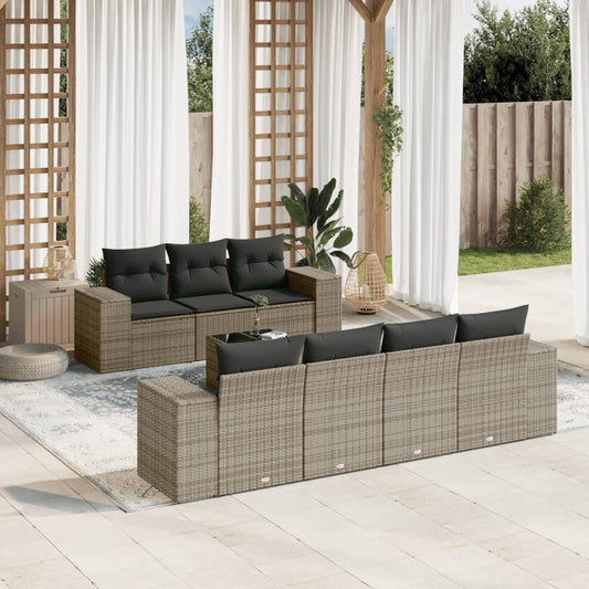 8-delige Loungeset met kussens poly rattan grijs