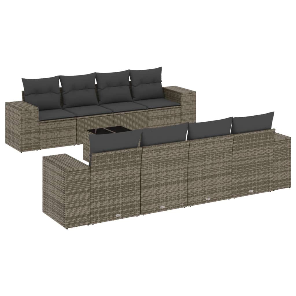 9-delige Loungeset met kussens poly rattan grijs