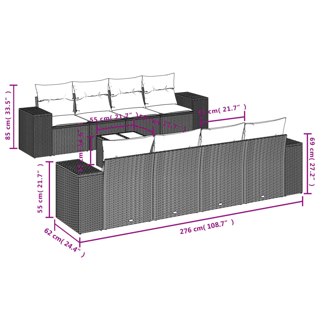 9-delige Loungeset met kussens poly rattan grijs