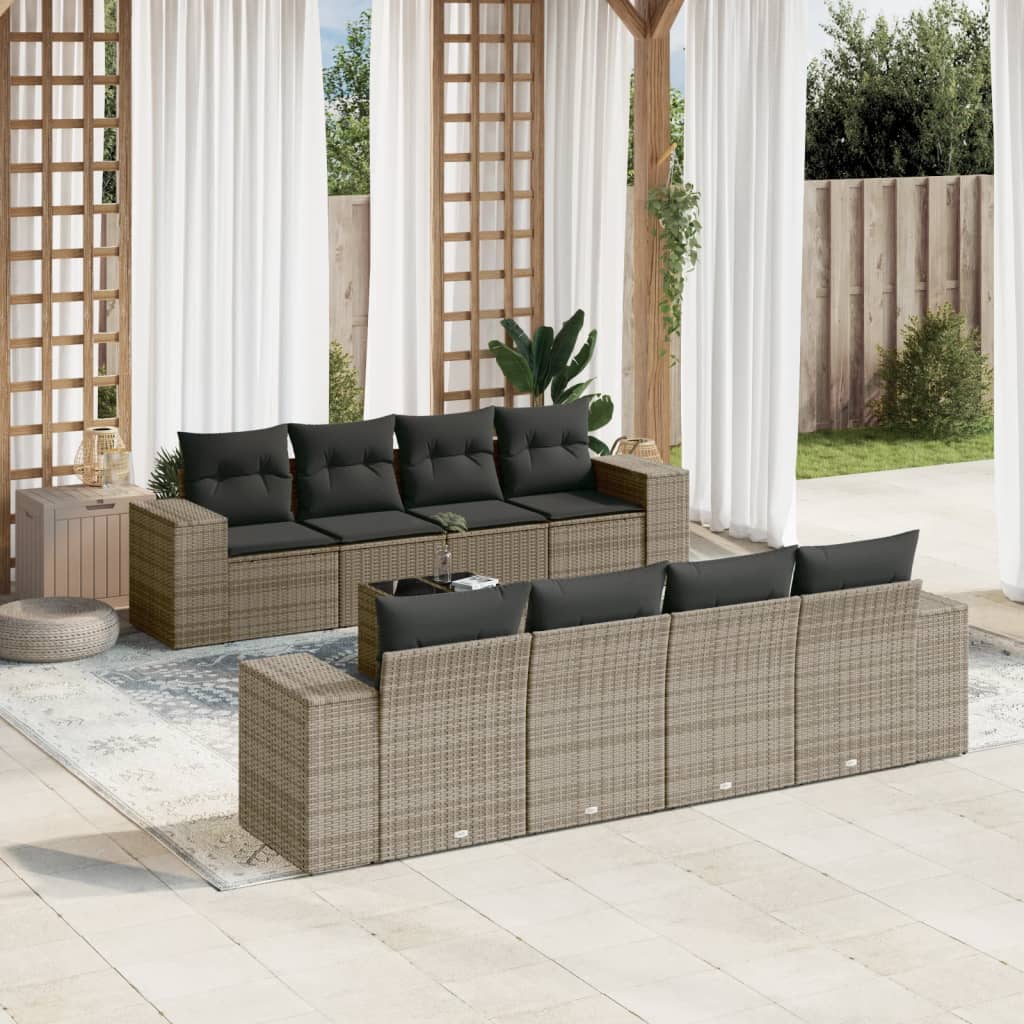 9-delige Loungeset met kussens poly rattan grijs