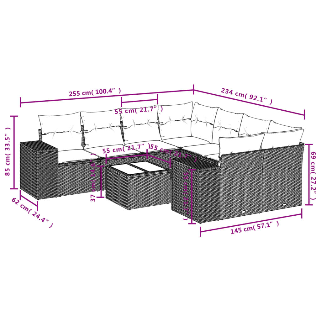 9-delige Loungeset met kussens poly rattan beige