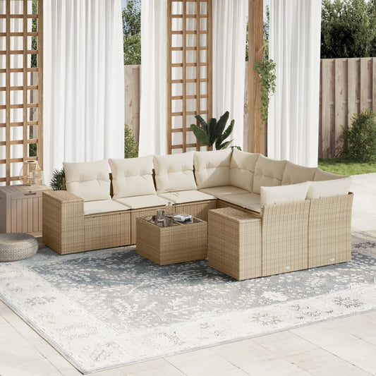 9-delige Loungeset met kussens poly rattan beige