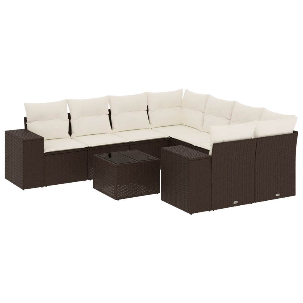 9-delige Loungeset met kussens poly rattan bruin