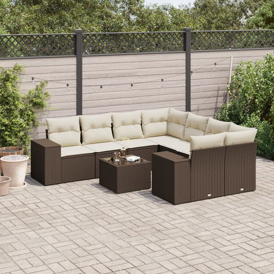 9-delige Loungeset met kussens poly rattan bruin