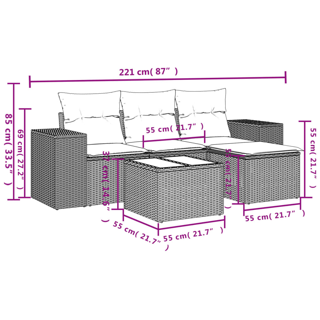 5-delige Loungeset met kussens poly rattan zwart Modulaire tuinbanken | Creëer jouw Trendy Thuis | Gratis bezorgd & Retour | Trendy.nl