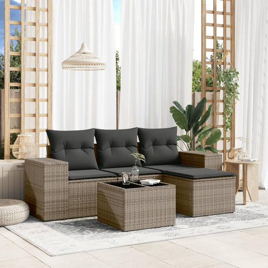 5-delige Loungeset met kussens poly rattan grijs Modulaire tuinbanken | Creëer jouw Trendy Thuis | Gratis bezorgd & Retour | Trendy.nl