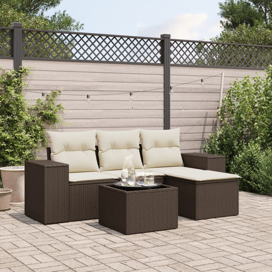 5-delige Loungeset met kussens poly rattan bruin