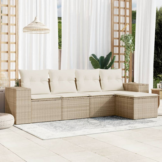 5-delige Loungeset met kussens poly rattan beige