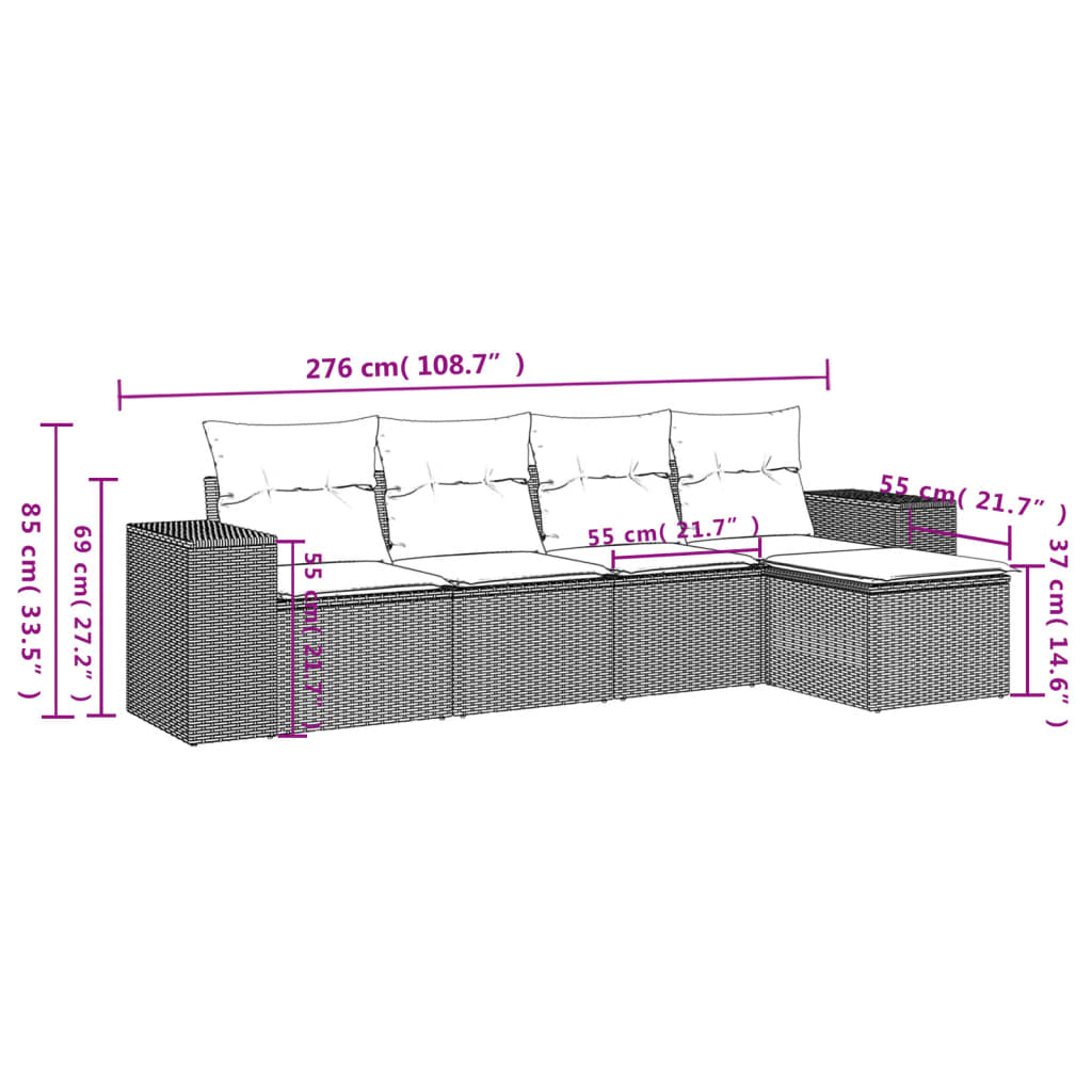 5-delige Loungeset met kussens poly rattan lichtgrijs Modulaire tuinbanken | Creëer jouw Trendy Thuis | Gratis bezorgd & Retour | Trendy.nl