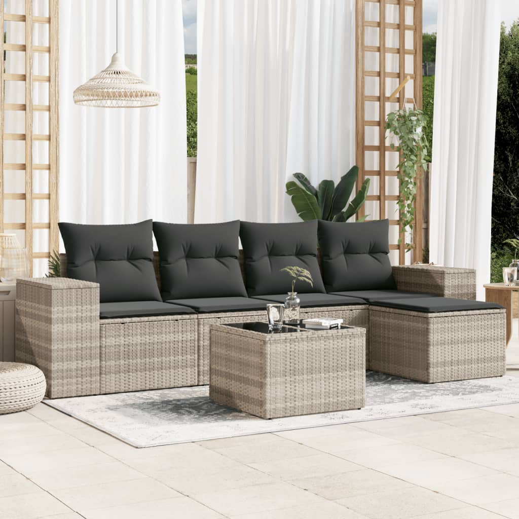 6-delige Loungeset met kussens poly rattan lichtgrijs Modulaire tuinbanken | Creëer jouw Trendy Thuis | Gratis bezorgd & Retour | Trendy.nl